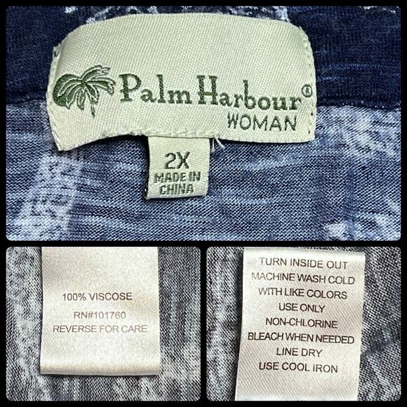 Palm Harbour Woman Knit V Neck Top Blue White Palm Trees 3/4 Sleeve Plus Size 2X - Picture 8 of 12